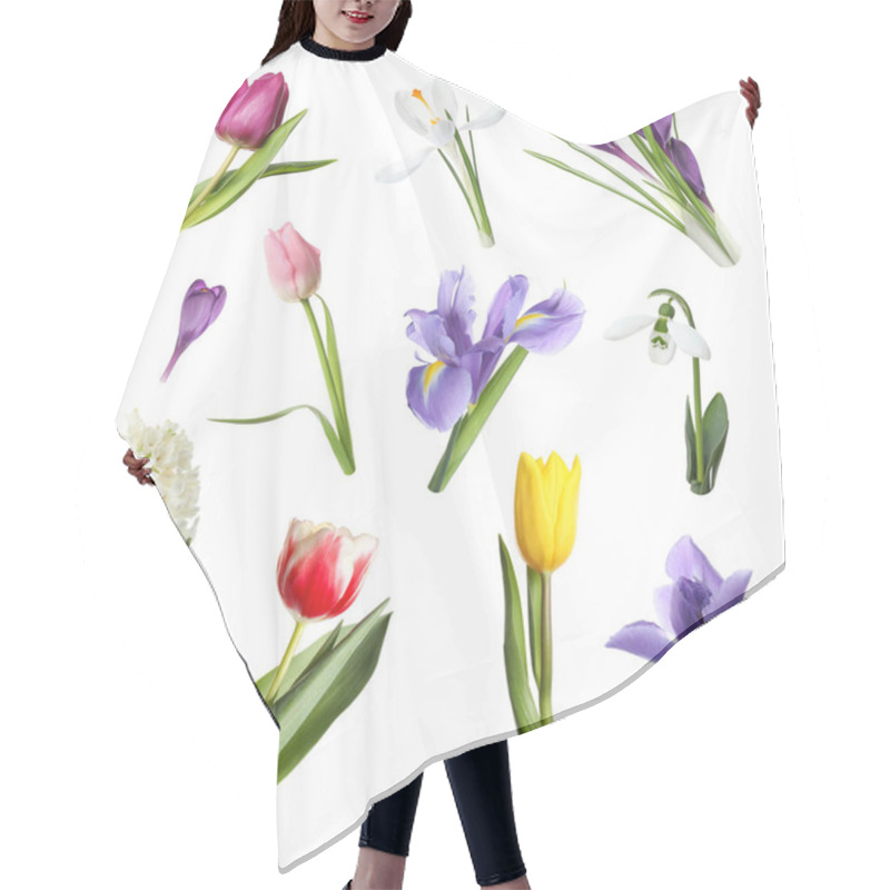 Personality  Collage With Beautiful Spring Flowers On White Background. Hair Cutting Cape