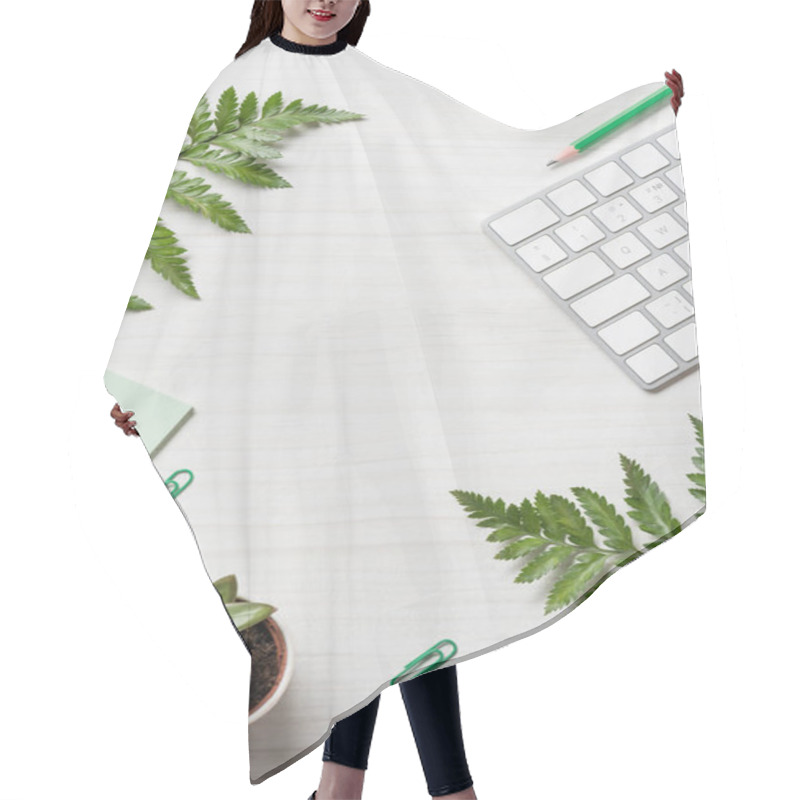 Personality  Top View Of Fern Leaves, Stationery And Computer Keyboard On Table  Hair Cutting Cape