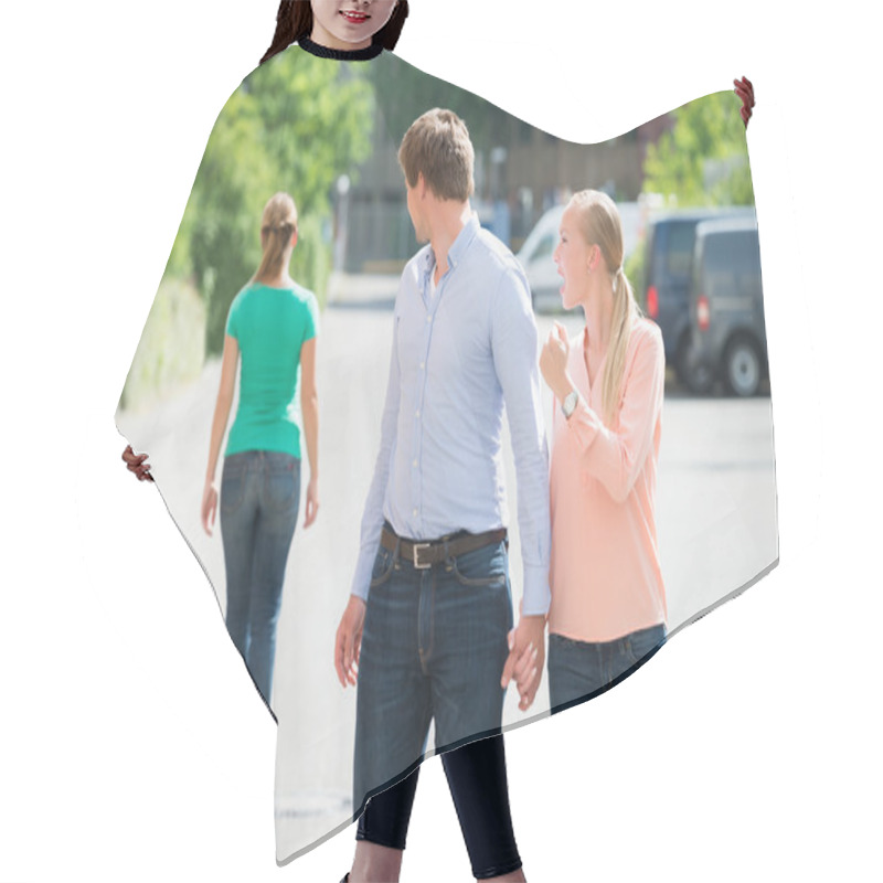 Personality  Woman Shouting At Her Boyfriend Looking At Another Woman Hair Cutting Cape