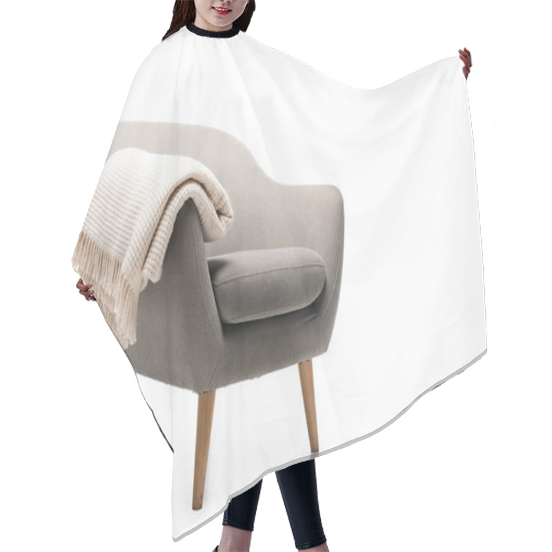 Personality  Comfortable Grey Modern Armchair With Blanket Isolated On White Hair Cutting Cape