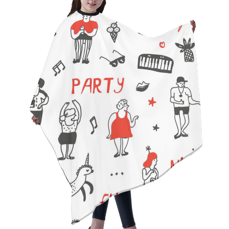 Personality  Party Seamless Pattern In Doodle Style, Vector Graphic Illustration Hair Cutting Cape