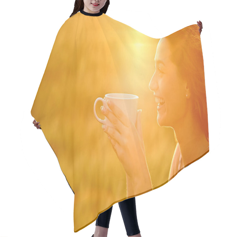 Personality  Profile Of A Happy Woman Laughing Drinking Coffee At Sunset Hair Cutting Cape