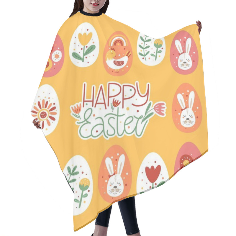 Personality  Happy Easter Postcard Template. Vector Cartoon Illustration. Hair Cutting Cape