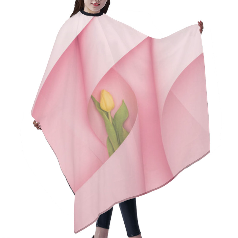 Personality  Top View Of Yellow Tulip In Paper Swirls On Pink Background Hair Cutting Cape