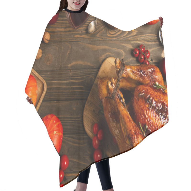 Personality  Thanksgiving Dinner, Roasted Turkey Near Pumpkins And Spices On Wooden Table With Autumnal Decor Hair Cutting Cape