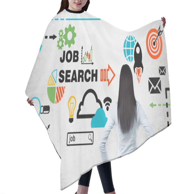 Personality  Rear View Of The Brunette Woman Who Is Looking At The Wall With Colourful Icons About Job Vacancies. A Concept Of Recruitment Process. Internship And Graduate Programmes. Concrete Wall. Hair Cutting Cape