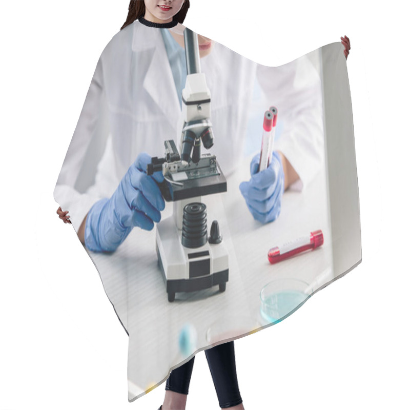 Personality  Cropped View Of Genetic Consultant Using Microscope And Holding Test Tubes  Hair Cutting Cape