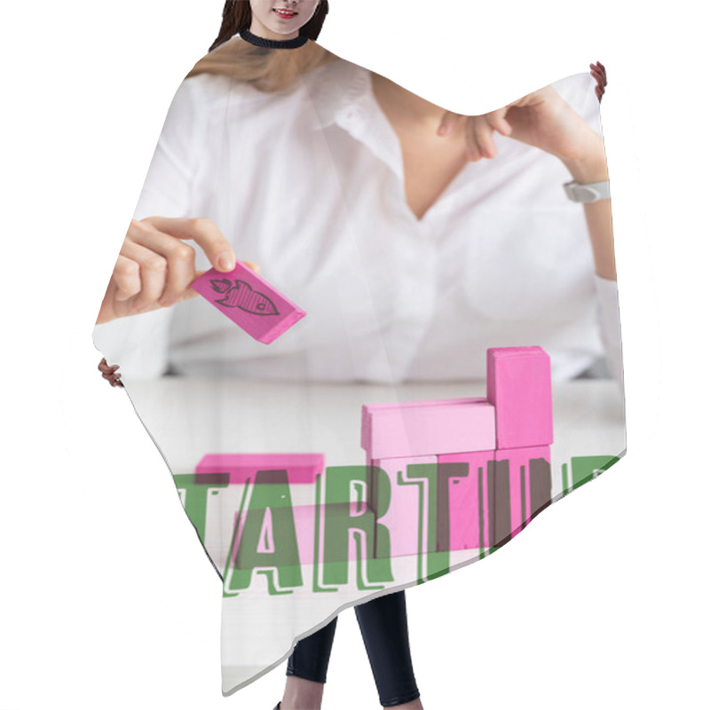 Personality  Selective Focus Of Businesswoman Stacking Marketing Pyramid With Pink Building Blocks Isolated On Grey, Startup Illustration Hair Cutting Cape