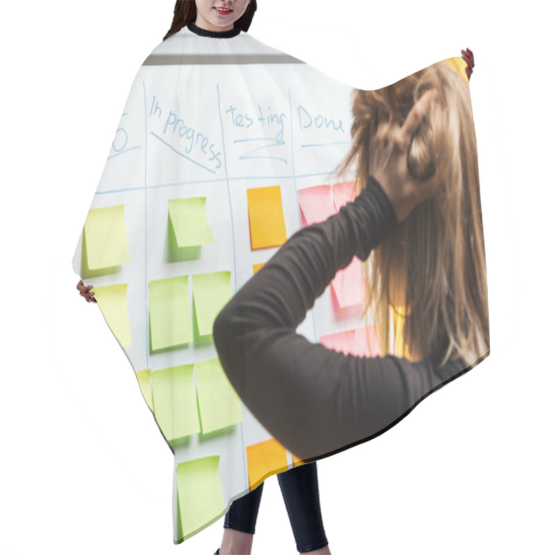 Personality  Back View Of Businesswoman Standing Near White Flipchart With Stickers Notes, Holding Hands On Head Hair Cutting Cape