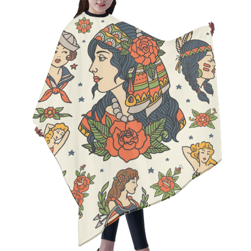 Personality  Tattoo Women Set. Isolated Flash Of Classic Women Tattoo Vectors. Hair Cutting Cape