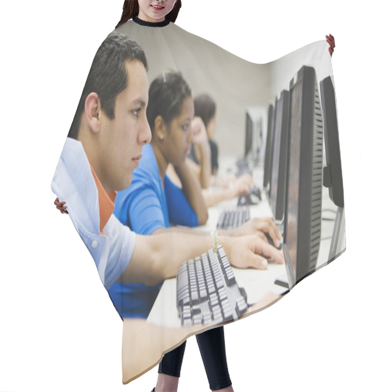 Personality  Students In High School Computer Lab Hair Cutting Cape