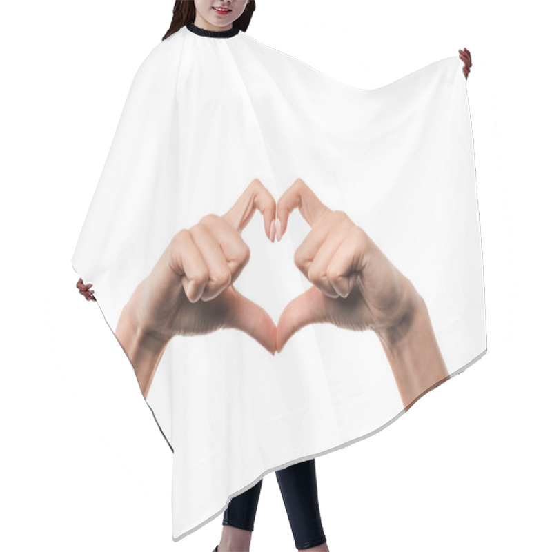 Personality  Cropped View Of Woman Showing Heart-shape Sign With Fingers Isolated On White  Hair Cutting Cape