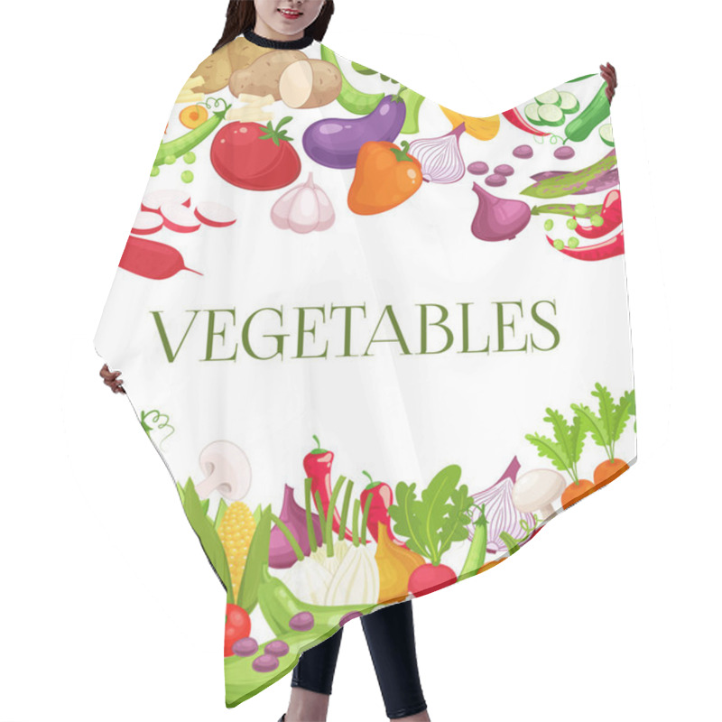 Personality  Vegetable And Healthy Food Menu Poster. Fresh Carrot, Tomato, Pepper, Onion, Broccoli, Cabbage, Garlic, Cucumber, Cauliflower, Kohlrabi And Radish. Vegetarian Food, Organic Shop Design Hair Cutting Cape