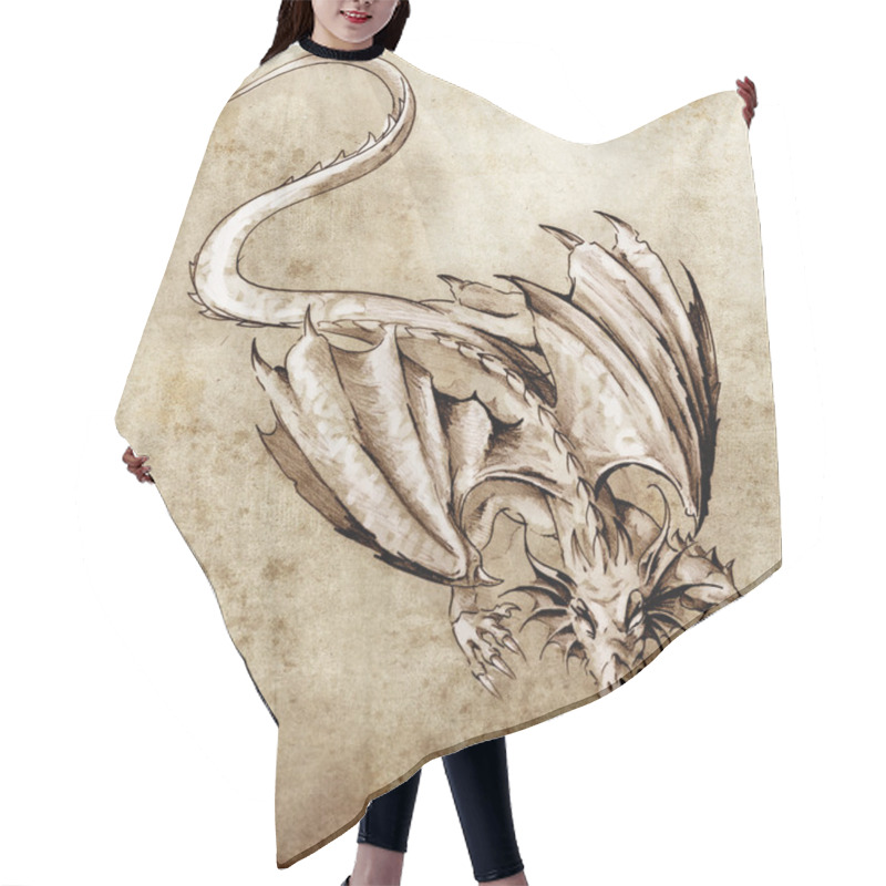 Personality  Sketch Of Tattoo Art, Modern Dragon Hair Cutting Cape