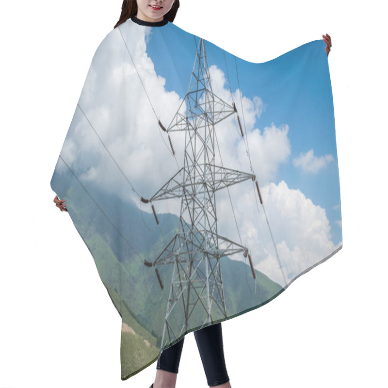 Personality  Power Transmission Tower Constructed In A Mountainous Region With Cloudy Sky Hair Cutting Cape