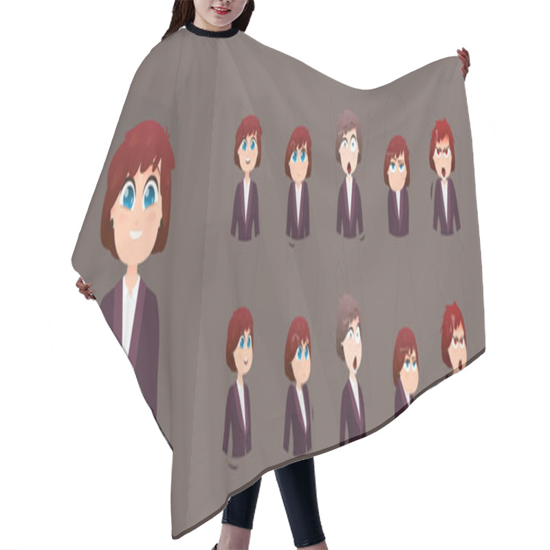 Personality  Cartoon Woman Character Expressions. Face Emotional And Body Gesture Hair Cutting Cape