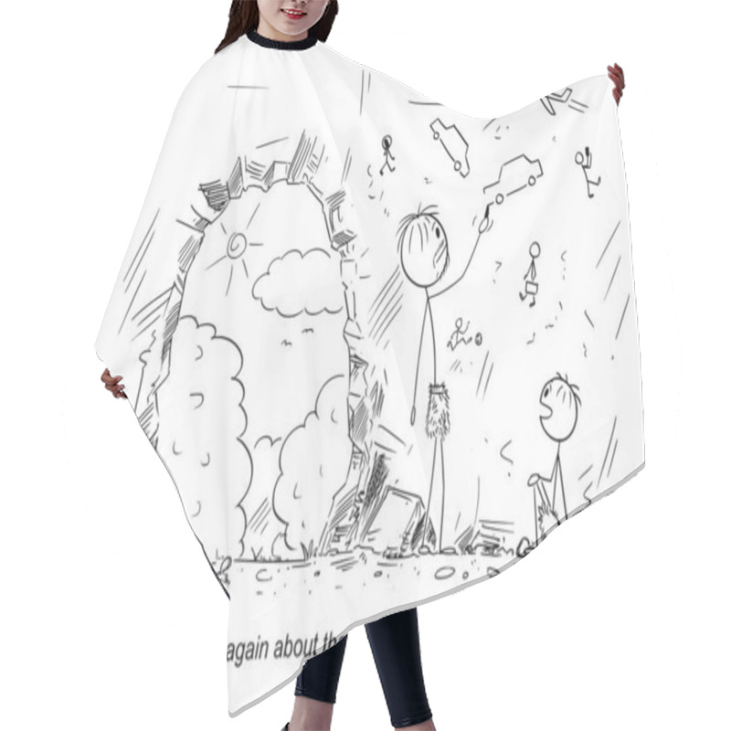 Personality  In A Cave Father Tells Child About Collapsed Civilization , Vector Gag Cartoon Stick Figure Or Character Illustration. Hair Cutting Cape