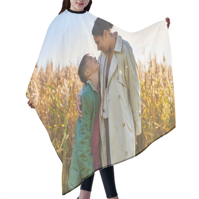 Personality  Motherly Love, African American Mother In Autumnal Clothes Embracing Son, Fall Season, Outerwear Hair Cutting Cape