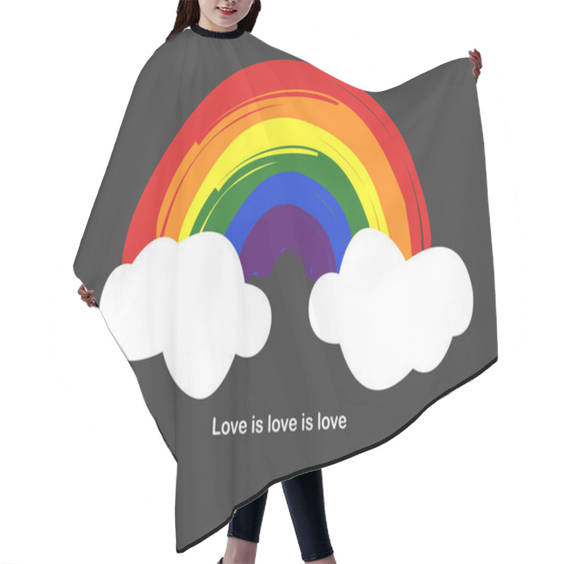 Personality  Illustration Of Rainbow And Clouds Near Love Is Love Is Love Lettering On Black, Lgbt Concept  Hair Cutting Cape