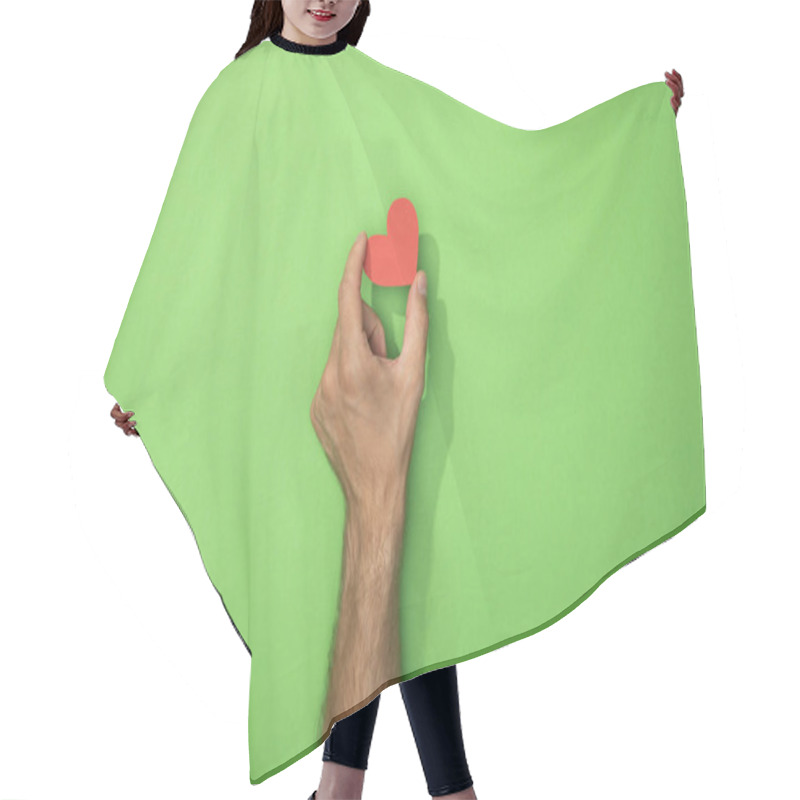 Personality  Cropped View Of Man Holding Paper Heart On Green Hair Cutting Cape