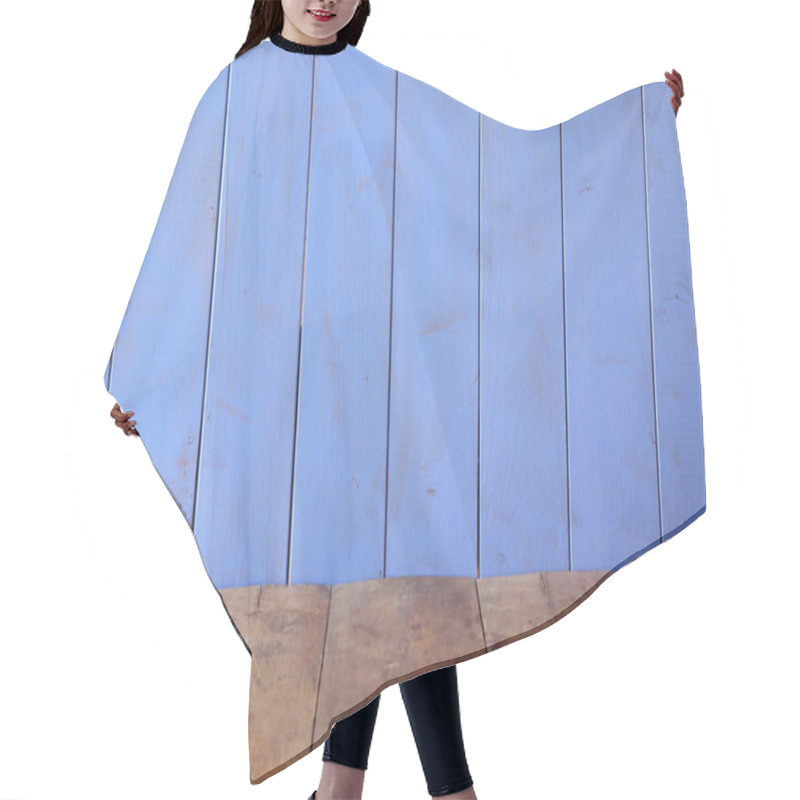 Personality  Wooden Table In Front Of Blue Wooden Background. Product Display Background Hair Cutting Cape