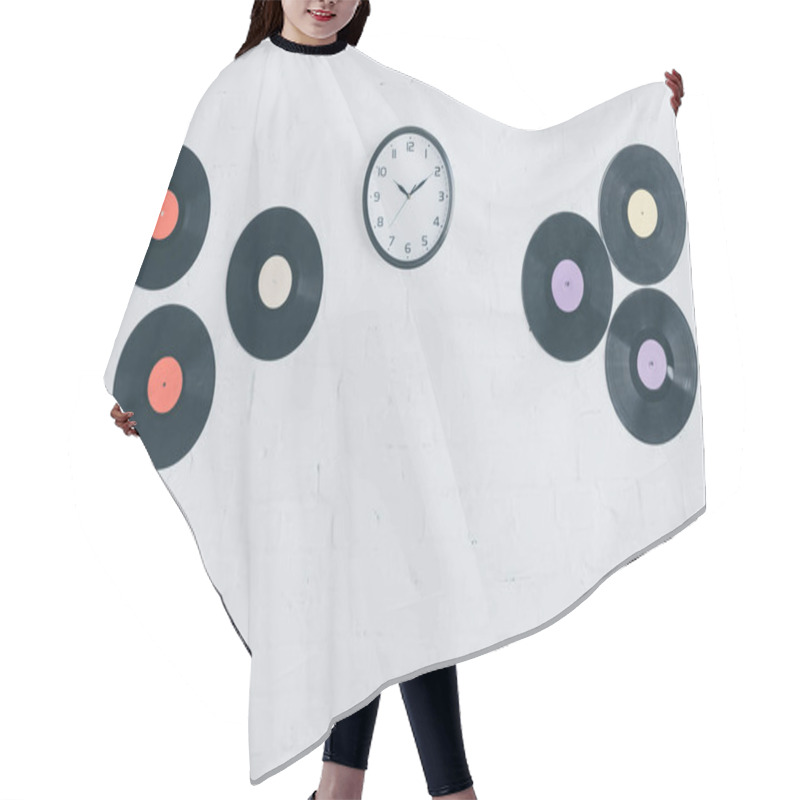 Personality  Vinyl Discs And Round Clock On White Brick Wall  Hair Cutting Cape