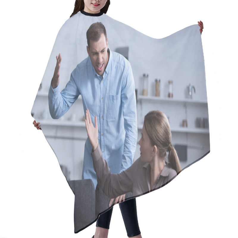 Personality  Aggressive Man In Shirt Screaming At Wife During Quarrel Hair Cutting Cape