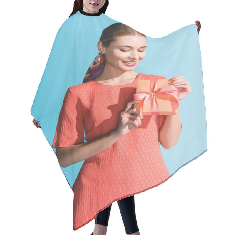 Personality  Cropped View Of Smiling Girl In Living Coral Dress Holding Gift Box Isolated On Blue Hair Cutting Cape