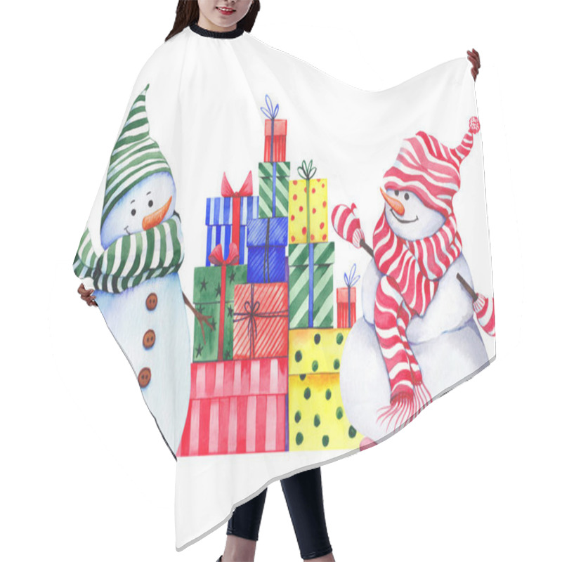 Personality  Funny Snowmen With A Pile Of Christmas Gift Boxes. Hair Cutting Cape