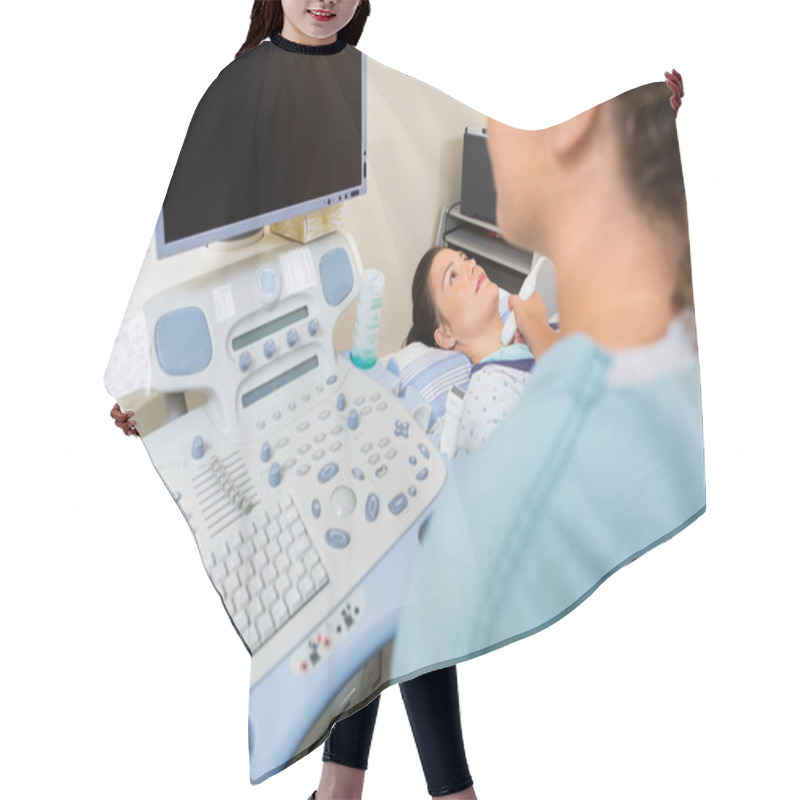 Personality  Nurse Using Ultrasound Treatment On Patient's Neck Hair Cutting Cape