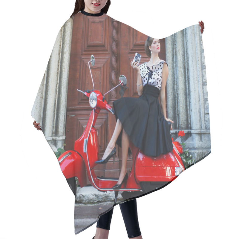 Personality  Young Attractive Girl With A Scooter Hair Cutting Cape