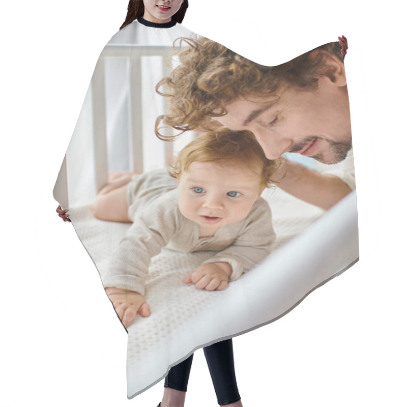 Personality  Happy Father With Beard And Curly Hair Embracing Blue Eyed Baby Boy In Crib, Parenthood And Love Hair Cutting Cape