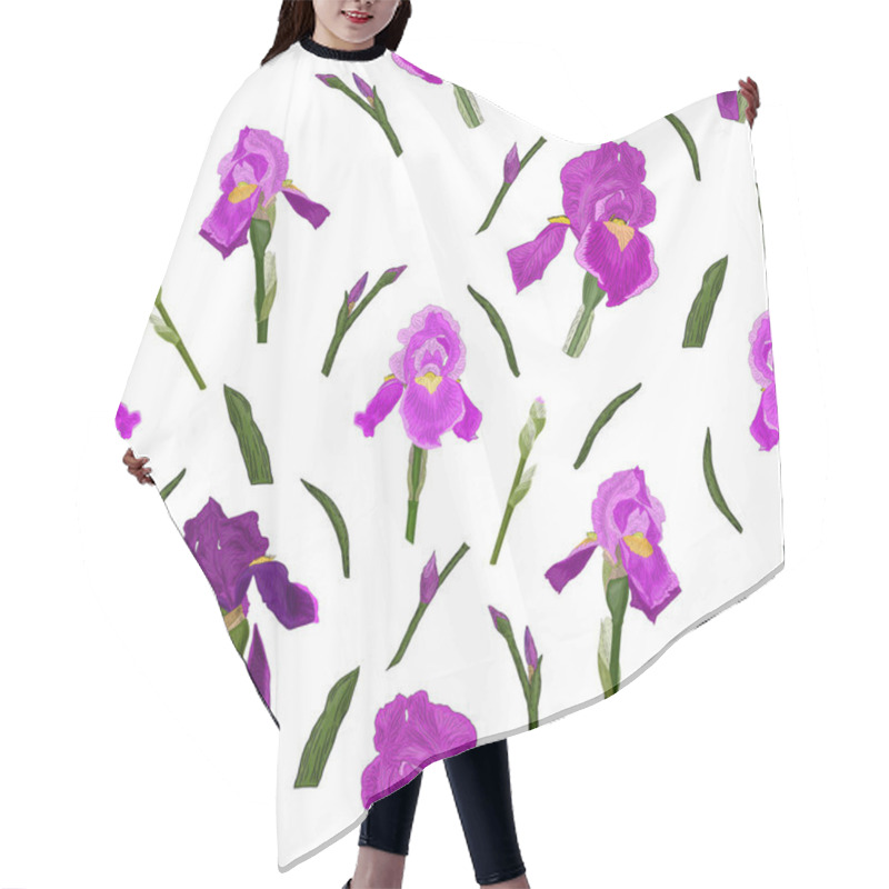 Personality  Seamless Pattern With Iris Flowers, Green Leaves, Buds On The Stem. Botanical Ornament On A White Background For The Design Of Fabric, Print, Wallpaper. Hair Cutting Cape