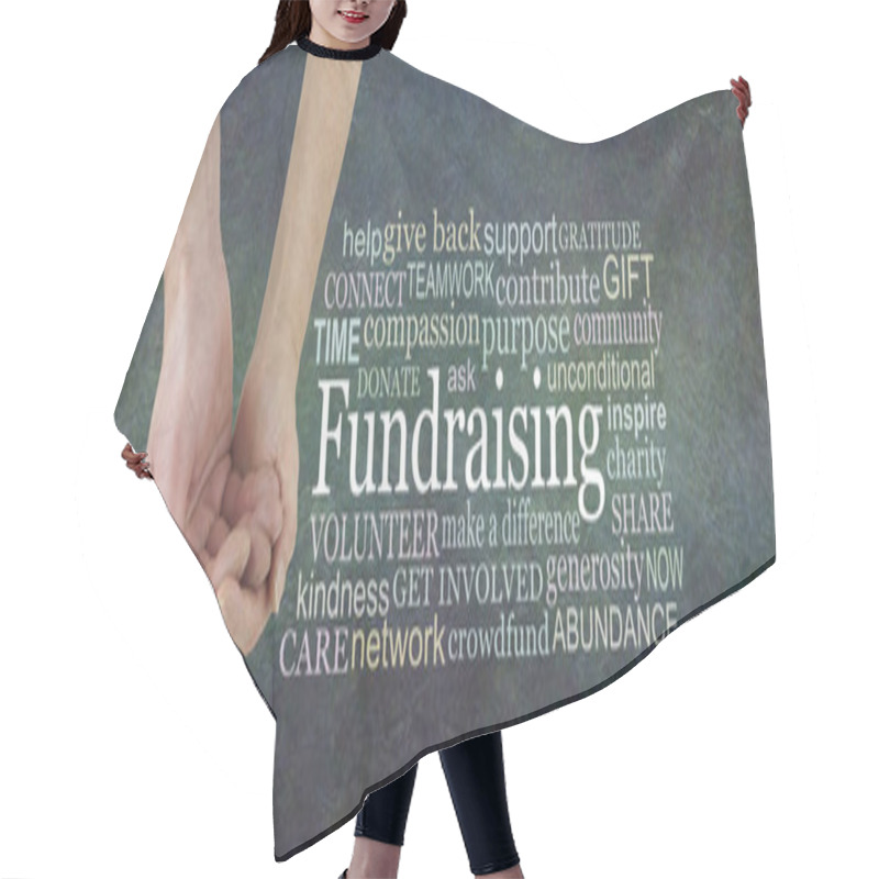 Personality  Please Help Us With Our Fundraising Campaign Word Cloud - Female Cupped Hand Cradling Male Cupped Hand Beside A FUNDRAISING Word Cloud On A Rustic Dark Green Brown  Stone Effect Background                                Hair Cutting Cape