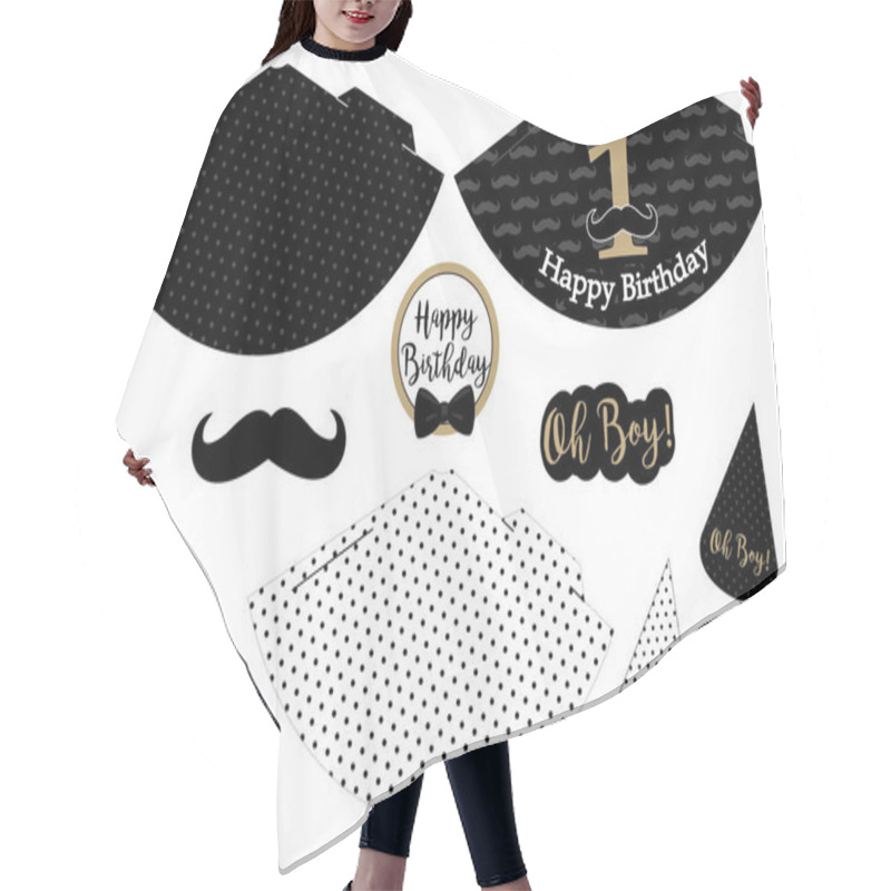 Personality  Little Man Printable Hats. Black, White, Golden Mustache Pattern. Print And Cut. Vector Cones Template To Head For A Party (birthday, Baby Shower, It Is A Boy). Vintage Modern Style. First Happy Birth Hair Cutting Cape