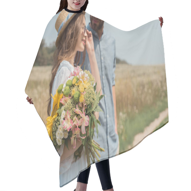 Personality  Side View Of Smiling Woman With Bouquet Of Wild Flowers And Boyfriend Near By In Field Hair Cutting Cape