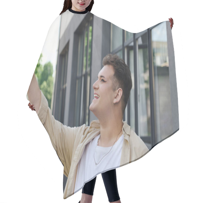 Personality  A Cheerful Person Joyfully Takes A Selfie Outdoors, With Sunlight Illuminating Their Smile. Hair Cutting Cape