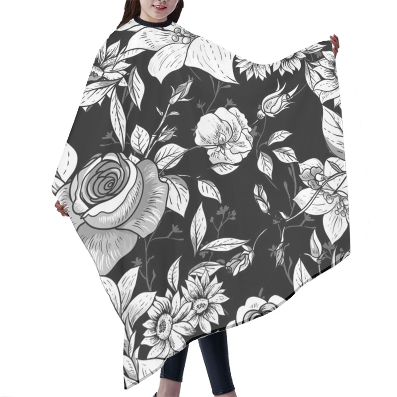 Personality  Seamless Monochrome Floral Background With Roses Hair Cutting Cape