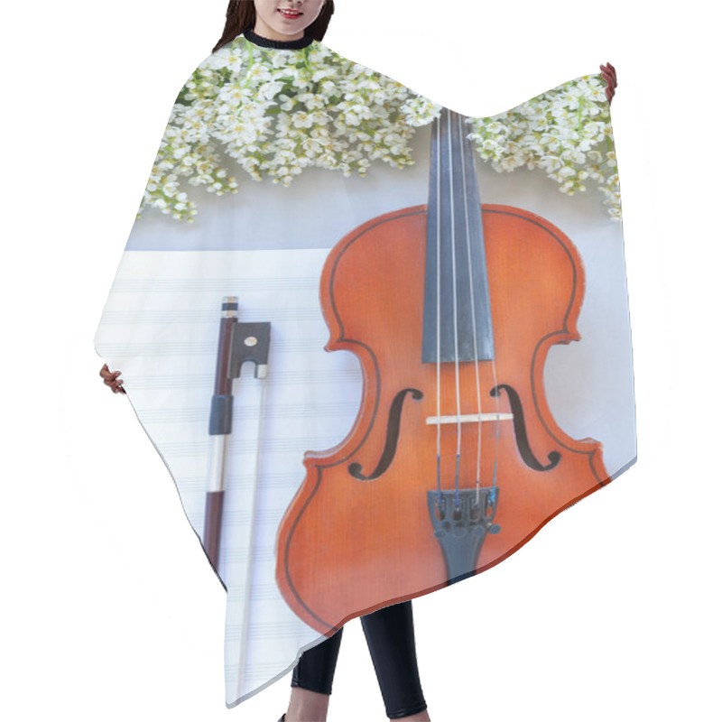 Personality  Close Up Of Branch Of Blossoming Bird Cherry And Old Violin With Bow Fiddlestick On Light Gray Background With Music Paper Hair Cutting Cape