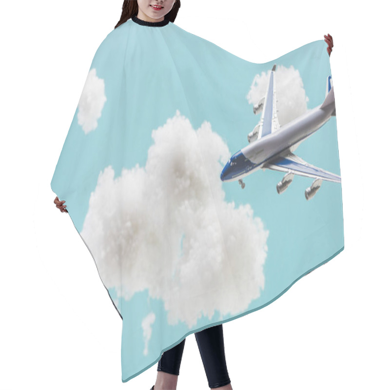 Personality  Toy Plane Flying Among White Fluffy Clouds Made Of Cotton Wool Isolated On Blue Hair Cutting Cape