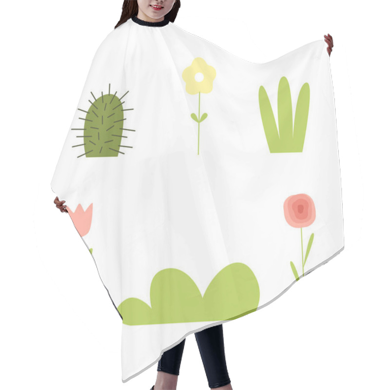 Personality  Simple Green Cactus, Grass And Flower As Flora And Environment Element Vector Set. Outdoor Nature And Foliage Concept Hair Cutting Cape