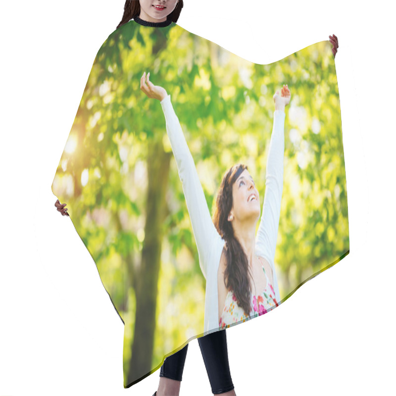 Personality  Blissful Woman Enjoying Freedom On Spring Hair Cutting Cape