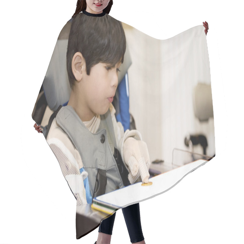 Personality  Five Year Old Disabled Boy Studying In Wheelchair Hair Cutting Cape