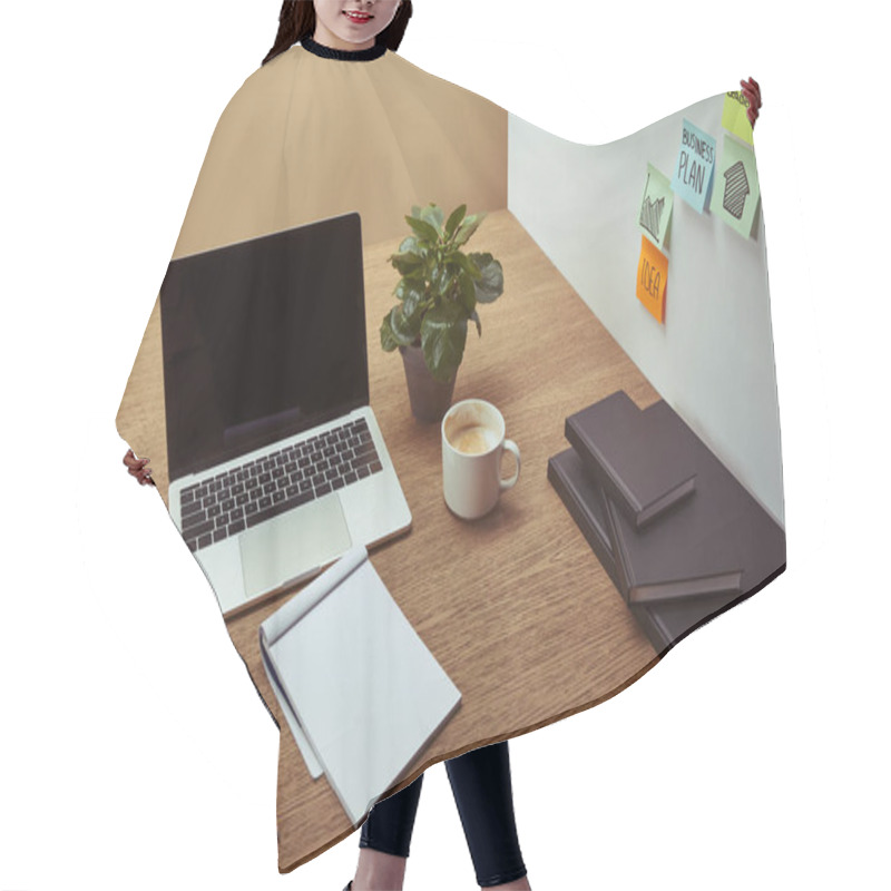 Personality  High Angle View Of Laptop, Notebooks And Pencil On Wooden Tabletop, Stickers On Wall Hair Cutting Cape