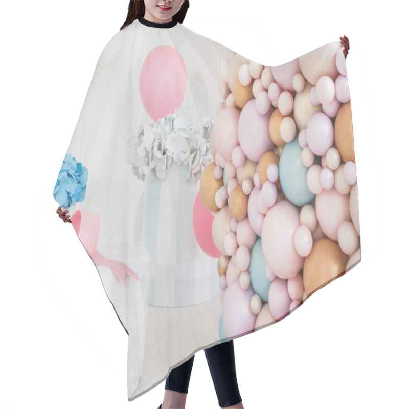 Personality  Boxes With Flowers And A Large Pudrinitsa With Balls And Balloons In Room Decorated For Birthday Party. Hair Cutting Cape