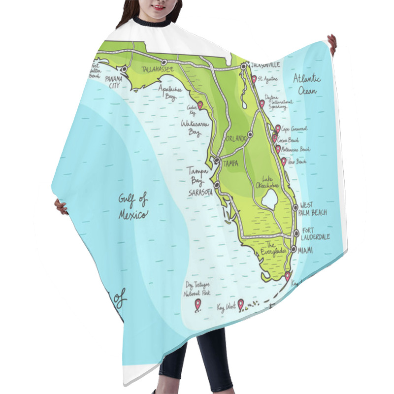 Personality  Hand Drawn Map Of The State Of Florida With Main Cities And Points Of Interest. Colorful Sketch Style Hair Cutting Cape