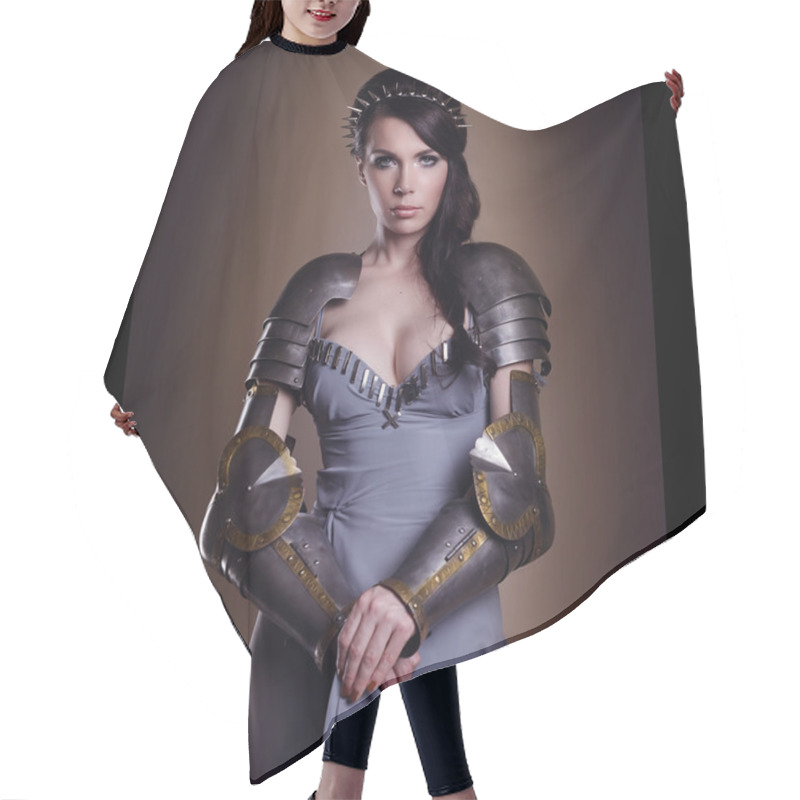 Personality  Portrait Of A Beautiful Lady Warrior, Dark-haired Girl In A Gray Hair Cutting Cape