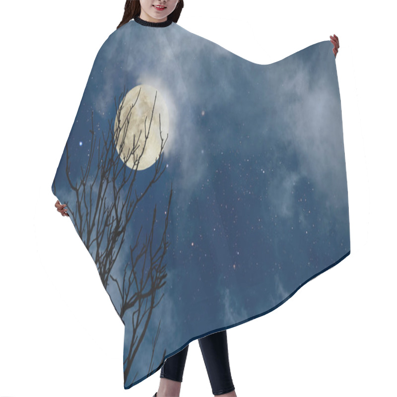 Personality  Full Moon Night Sky With Stars And Some Clouds With A Bare Tree In The Foreground Hair Cutting Cape