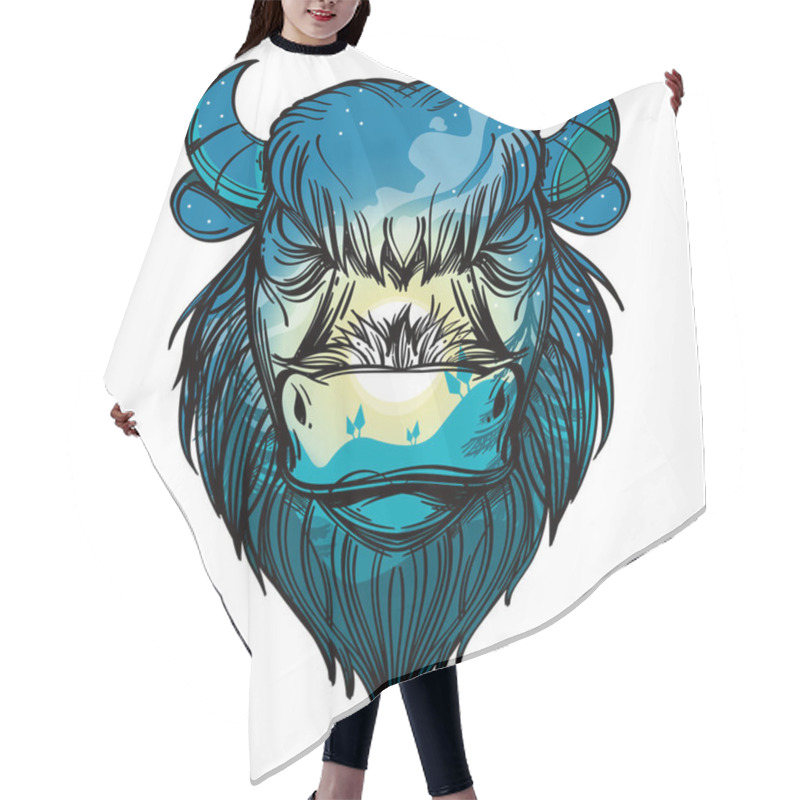 Personality  Head Of A Buffalo With A Night Forest Landscape. Vector Illustration For Prints On T-shirts, Tattoos And Much More. Hair Cutting Cape