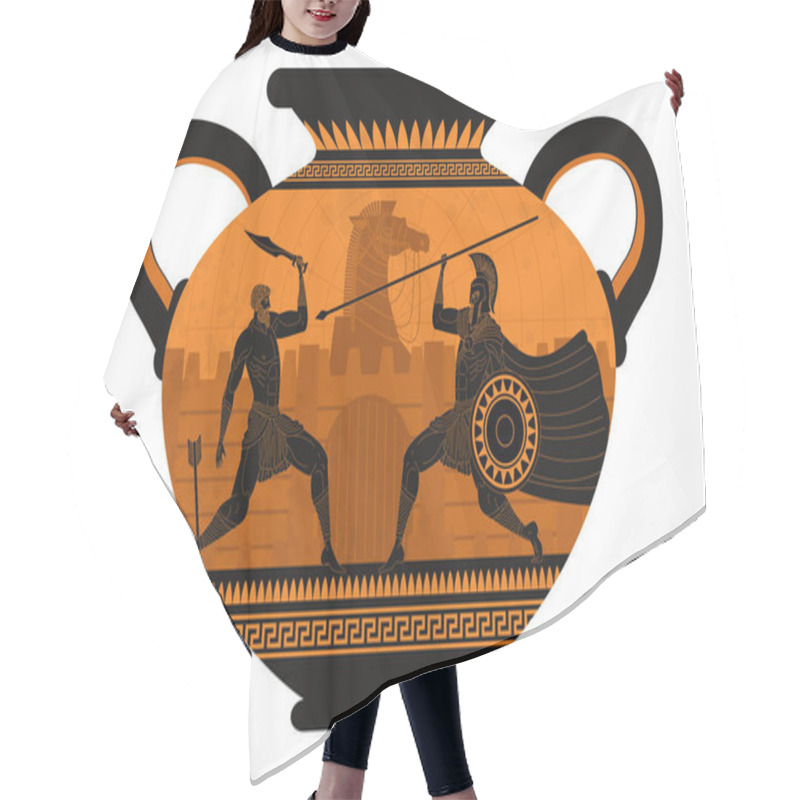 Personality  Orange And Black Figures Pottery Amphora Painting Of Troy War With Achilles Fighting Hair Cutting Cape